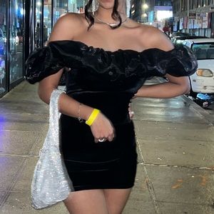 Velvet black mini dress, ruffle at top